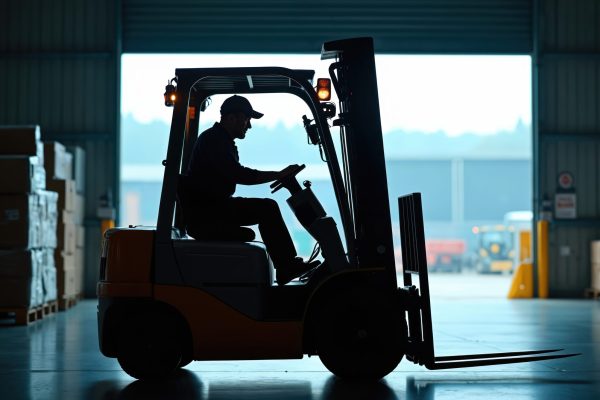 Man drives forklift in large warehouse among stacks of boxes. Worker operates industrial truck for loading goods. Logistics and supply chain operations, happen inside building.